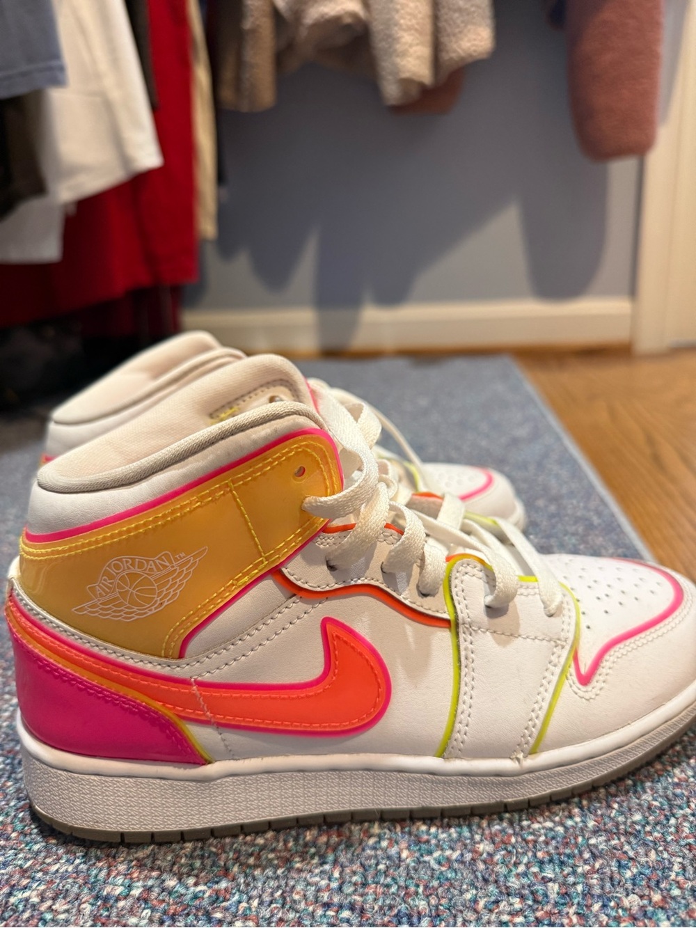 Jordan Kids' High-Top Sneakers in White with Pink & Orange Accents